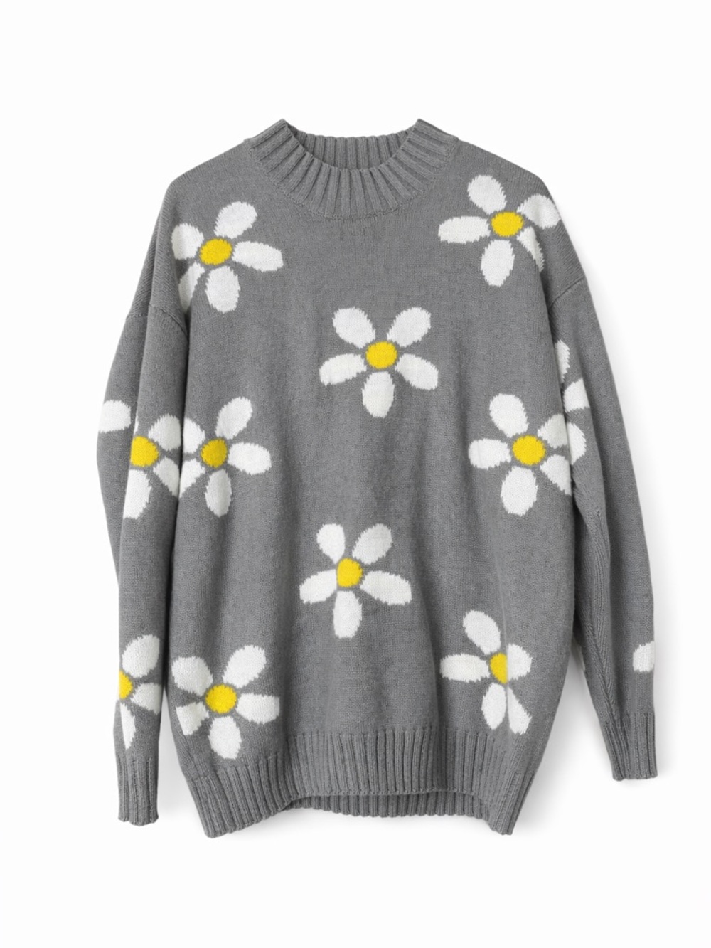 Streetwear Society Gray Daisy Crewneck Sweater with Spring Flowers